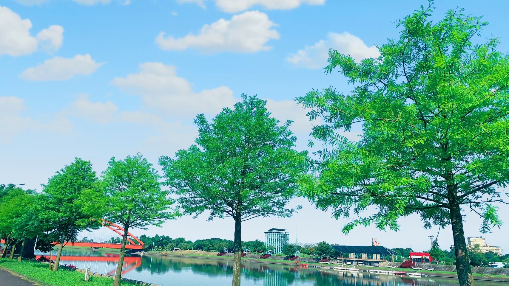 河岸綠意與拱橋